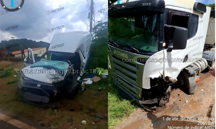 Acidente entre utilitário e carreta deixa ferido na SP-250, em Piedade