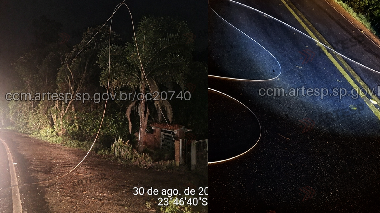 Cabo de energia cai sobre pista da SP-250 durante chuva em Piedade