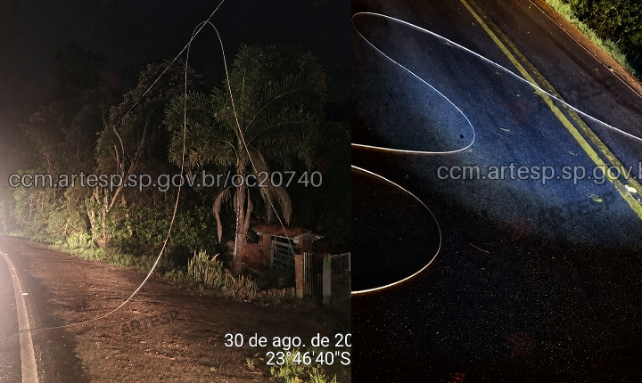 Cabo de energia cai sobre pista da SP-250 durante chuva em Piedade