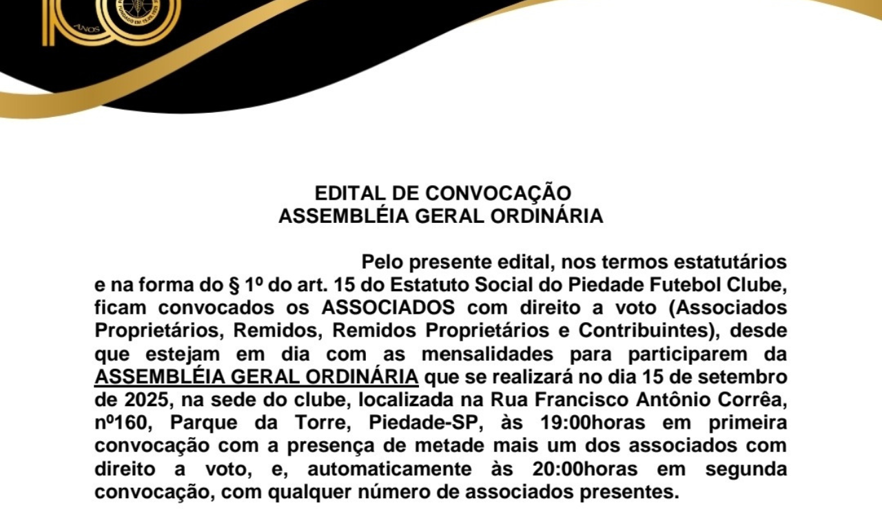 Piedade Futebol Clube convoca Assembleia Geral Ordinária para setembro