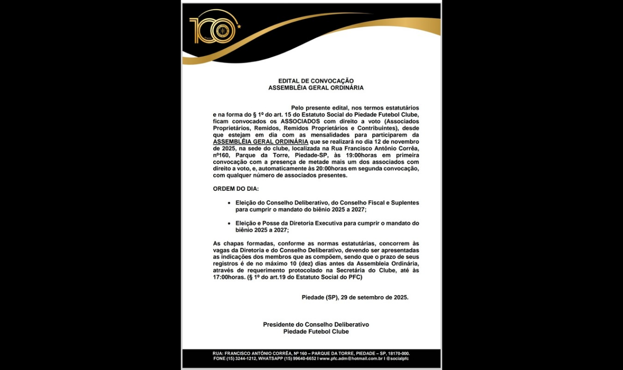 Piedade FC convoca associados para Assembleia