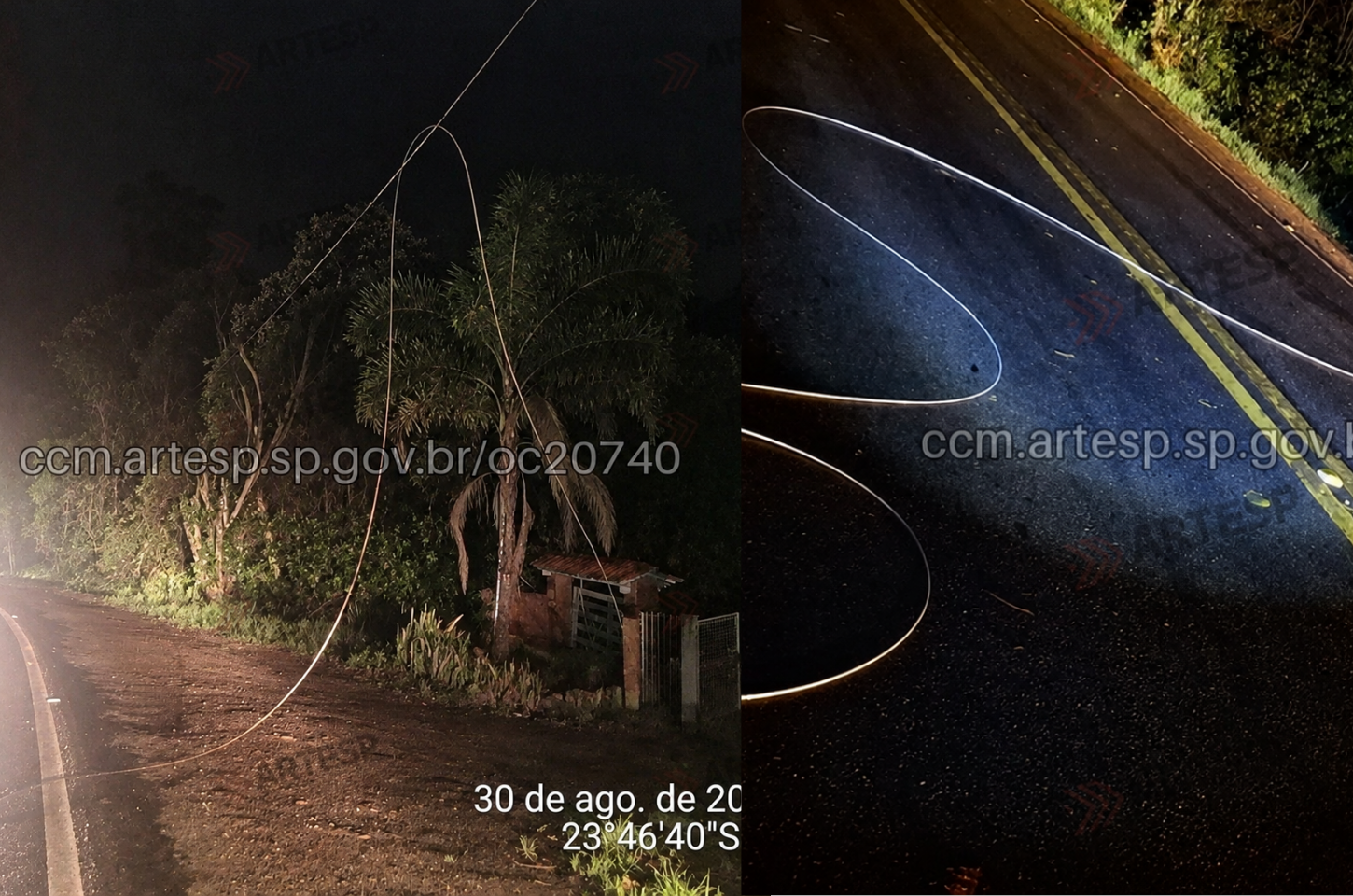 Cabo de energia cai sobre pista da SP-250 durante chuva em Piedade