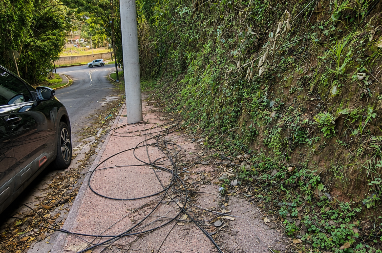 Fios expostos preocupam pedestres perto de escola em Piedade